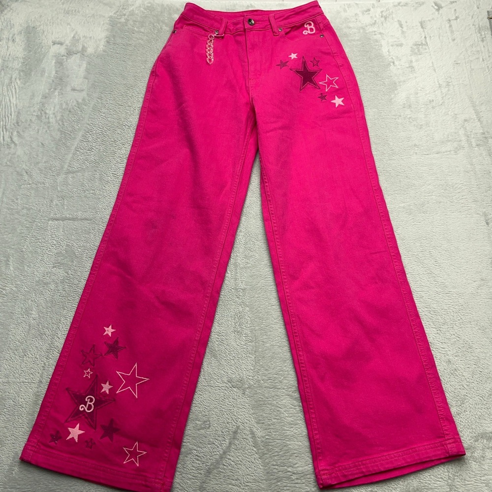 Barbie The Movie Pink Wide Leg Jeans Embroidered Stars Dollcore Size 26